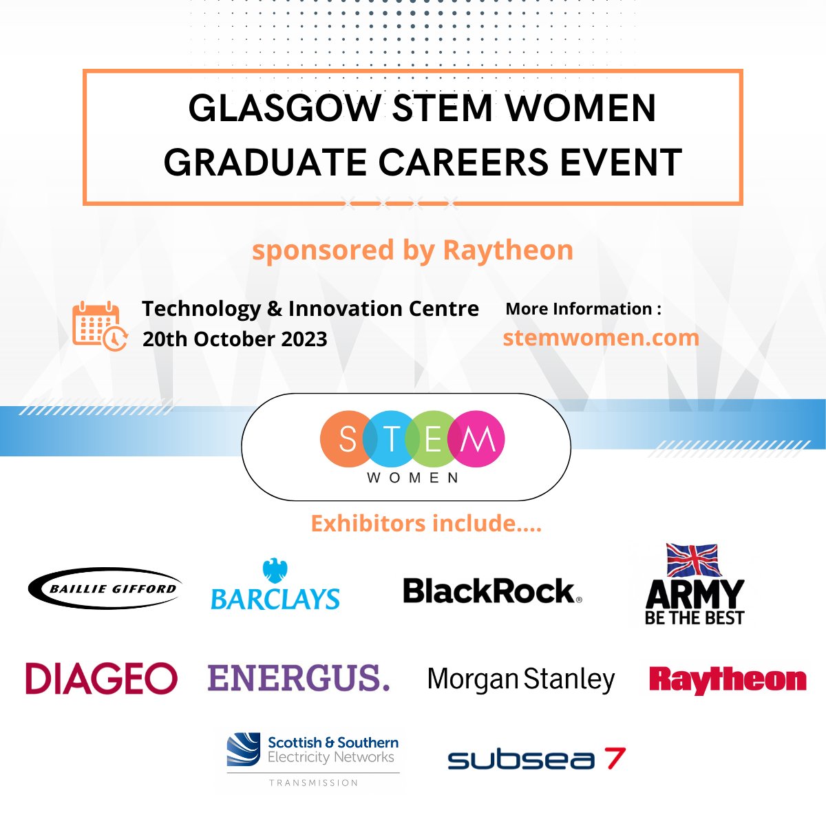 cityofscience's tweet photo. Join @STEMWomen at the Glasgow STEM Graduate Careers Event
π Technology and Innovation Centre, #Glasgow
π 20th October 12-4pm
Don't miss out on this chance to be part of the STEM Women community
See you at the event! π©βπ¬π¨βπ»π¬
#STEMCareers #GraduateEvent #STEMOpportunities https://t.co/Q0bYzE9hDG