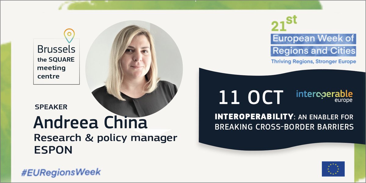 Research &amp; policy manager Andreea China (<a href="/ESPON_Programme/">ESPON</a>) will join the special #EURegionsWeek session on the Interoperable Europe #policy's significance for #PublicAdministrations!

Register here: 👉europa.eu/!trCvgQ
More info: 👉europa.eu/!7c8qwf 

#Cities #Regions