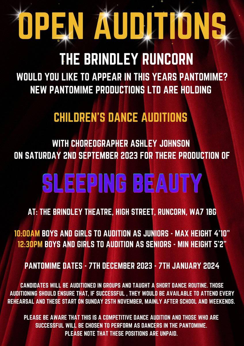 TheBrindley's tweet photo. A reminder that the pantomime open auditions are this Saturday 2 September at the Brindley Theatre. https://t.co/viHzZXB6qM