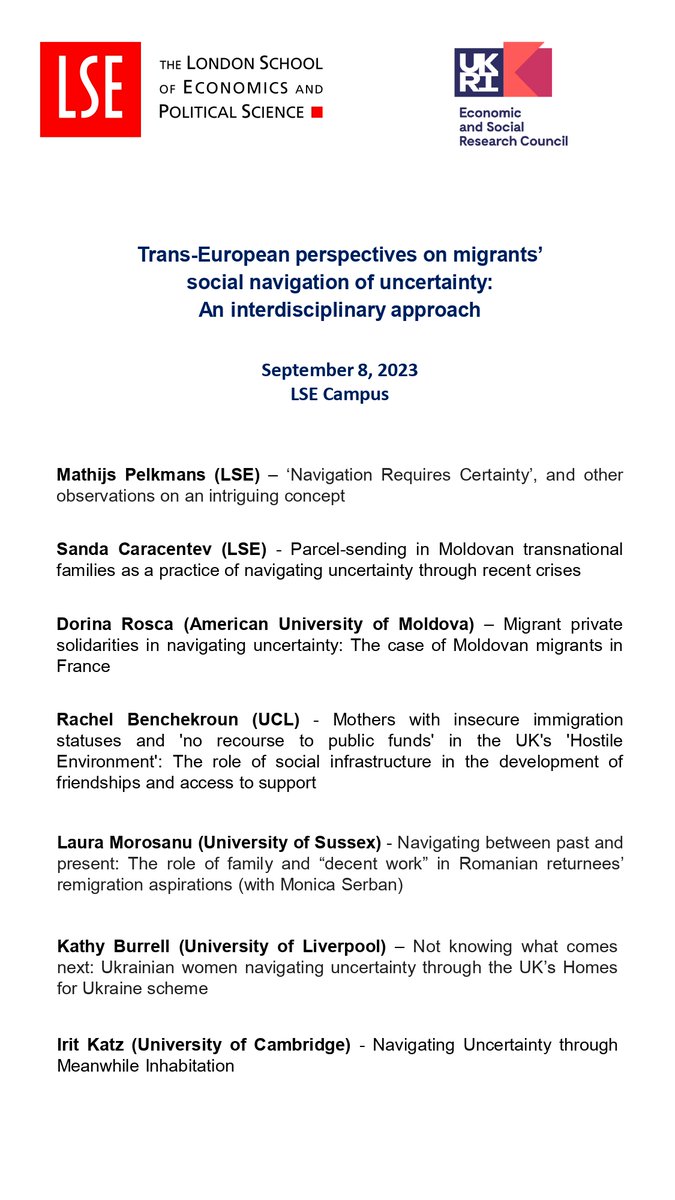 SCaracentev's tweet photo. Our 'Trans-European perspectives on migrants’ social navigation of uncertainty' workshop takes place next week at LSE. Great opportunity to discuss diverse and inspiring work with @PelkmansMathijs, @dorinarosca , @RaeBenchekroun, Laura Morosanu, @drkathyburrell and Irit Katz! https://t.co/aEQclRgkY9