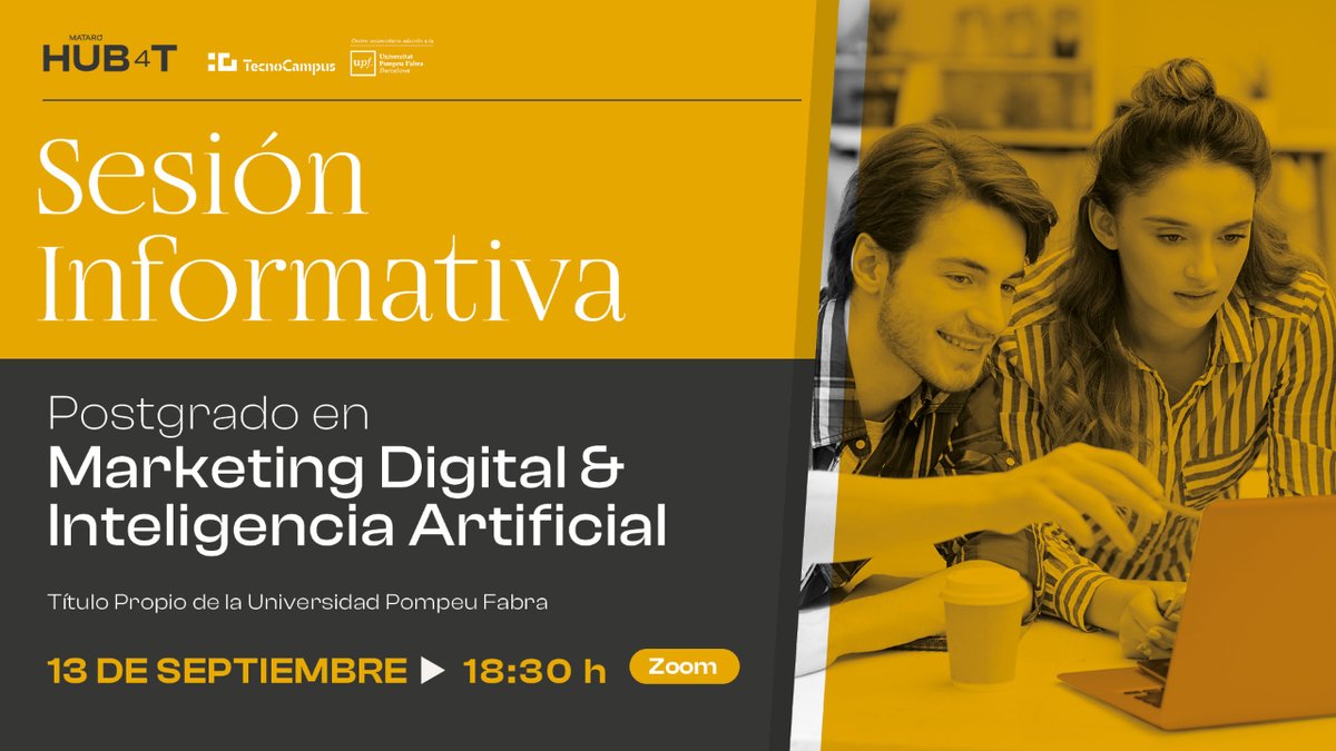 😱 ¿Te gustaría aprender a aplicar la #InteligenciaArtificial 🤖 para potenciar tus estrategias de #MarketingDigital 💫?

Sesión informativa Online 🗣️ del nuevo #Postgrado de <a href="/TecnoCampus/">TecnoCampus</a> (título <a href="/UPFBarcelona/">UPF Barcelona</a>) 

🗓️ 13/09 🕓18:30 h ⬇️

Inscríbete 📲 bit.ly/45h1Wt7