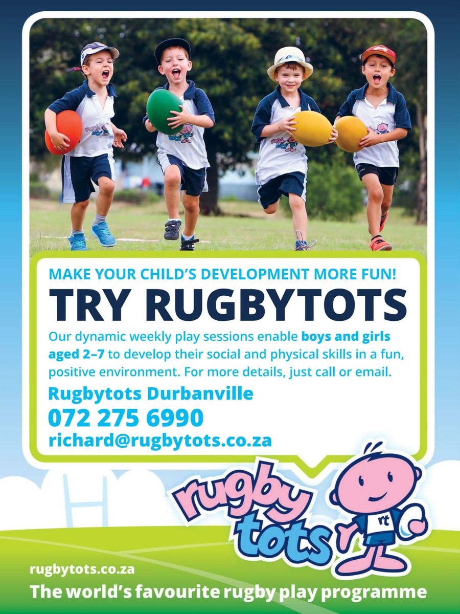 Bring your Boys and Girls for a FREE Rugbytots Taster on Saturday, 2nd September 2023, at Durbanville Rugby Club B field, 1 Sport Way. 
9.00am:2yr - 3.5yr age group
9.30am:3.5yr - 5yr age group
10.30am:5yr - 7yr age group
Contact Coach Rich to book your FREE Rugbytots Taster.