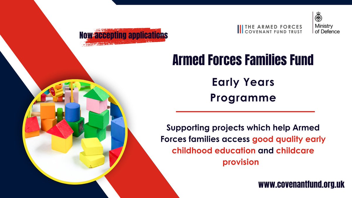 Now open - The Armed Forces Families Fund: Early Years Programme. 

Grants of between £5,000 &amp; £80,000 are available for projects which help Forces families access good quality early childcare provision close to where they live or serve.

Find out more: covenantfund.org.uk/2023/08/30/hel…