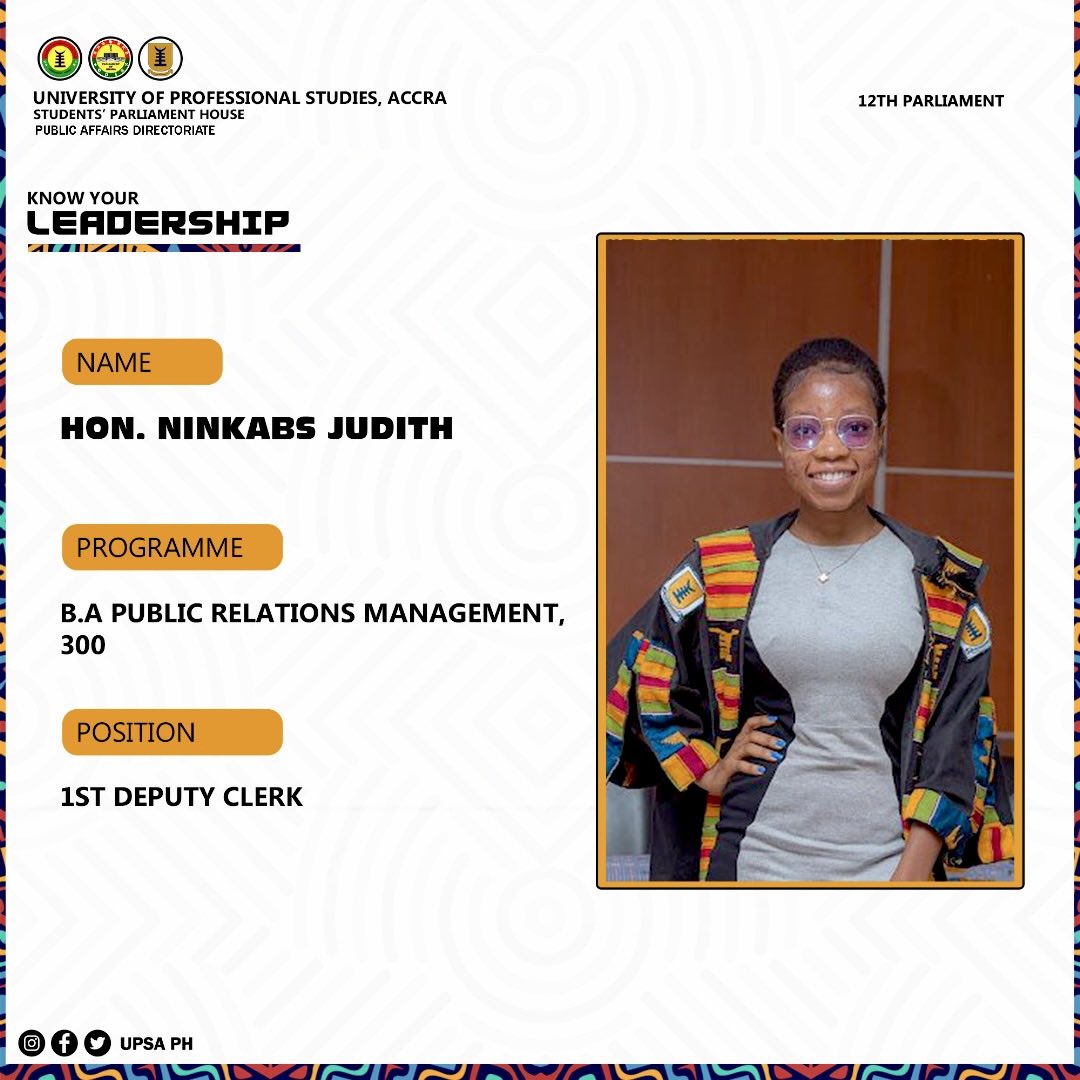 upsaph's tweet photo. Congratulations to Hon. Amponsah  Yobo Eugene (Chief), Hon. Ninkabs Judith (1st Deputy) and Hon. Akunyam A.A Bright (2nd Deputy) on your win as the Chief Clerk, 1st Deputy Clerk  and 2nd Deputy Clerk of the 12th UPSA Students Parliament House 
We say Ayekoo and serve well. https://t.co/y0iOZ6uChp