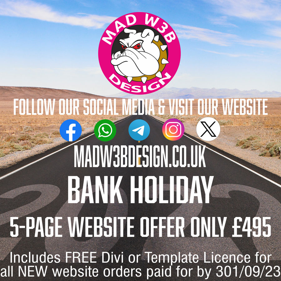 justamadweb's tweet image. 📢August Bank Holiday 5-page website Offer⤵️

🗣️#MadWeb ONLY £495

📋Includes FREE Divi or Template Licence

💷On NEW website orders paid by 01/09/2023

📱WhatsApp 07833 981125
☎️01386 291025

📩email for details tim@madw3bdesign.co.uk🙏

🕸️madw3bdesign.co.uk/2023/08/03/aug…