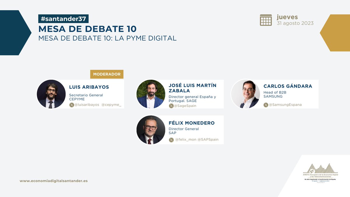 <a href="/JLMZabala/">Jose Luis M. Zabala</a>, Director General de Sage España y Portugal, se une a #SANTANDER37, el 37º Encuentro de Economía Digital y Telecomunicaciones de <a href="/AMETIC_es/">AMETIC</a>. Participará en la mesa redonda "La Pyme Digital", sobre el futuro del sector. ¡No te lo pierdas! 🚀 ow.ly/EHZK50PFOpR