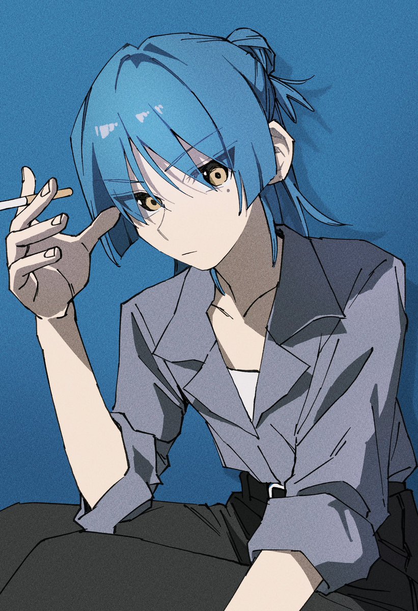 solo blue hair holding pants cigarette shirt 1girl  illustration images