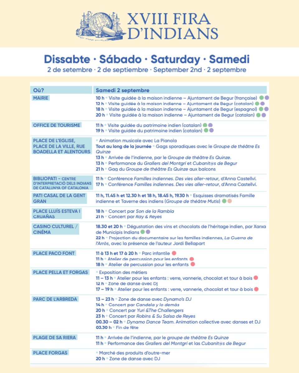 📣Darrera jornada de la XVIII Fira d'Indians de #Begur amb un munt de propostes encara per viure al llarg del diumenge!

❗ Les actuacions previstes per a les 11h i les 19h amb les Cubanit@s de Begur queden suspeses per causes alienes a la Fira.

Disculpeu les molèsties 🫶