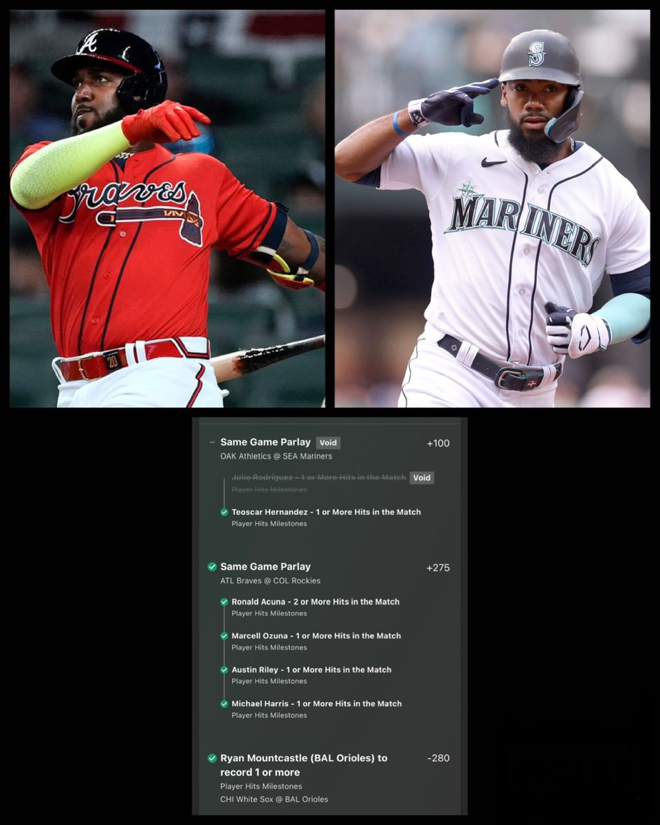 martyspicks's tweet photo. THAT’S A SWEEP 🧹 ✅

HIT PARLAY

Ronald Ocuna | 2+ hits ✅
Marcell Ozuna | 1+ hits ✅
Austin Riley | 1+ hits ✅
Micheal Harris | 1+ hits ✅
Ryan Mountcastle | 1+ hits ✅
Julio Rodriguez | 1+ hits (VOID)
Teoscar Hernandez | 1+ hits ✅ https://t.co/11zSdjvn0L