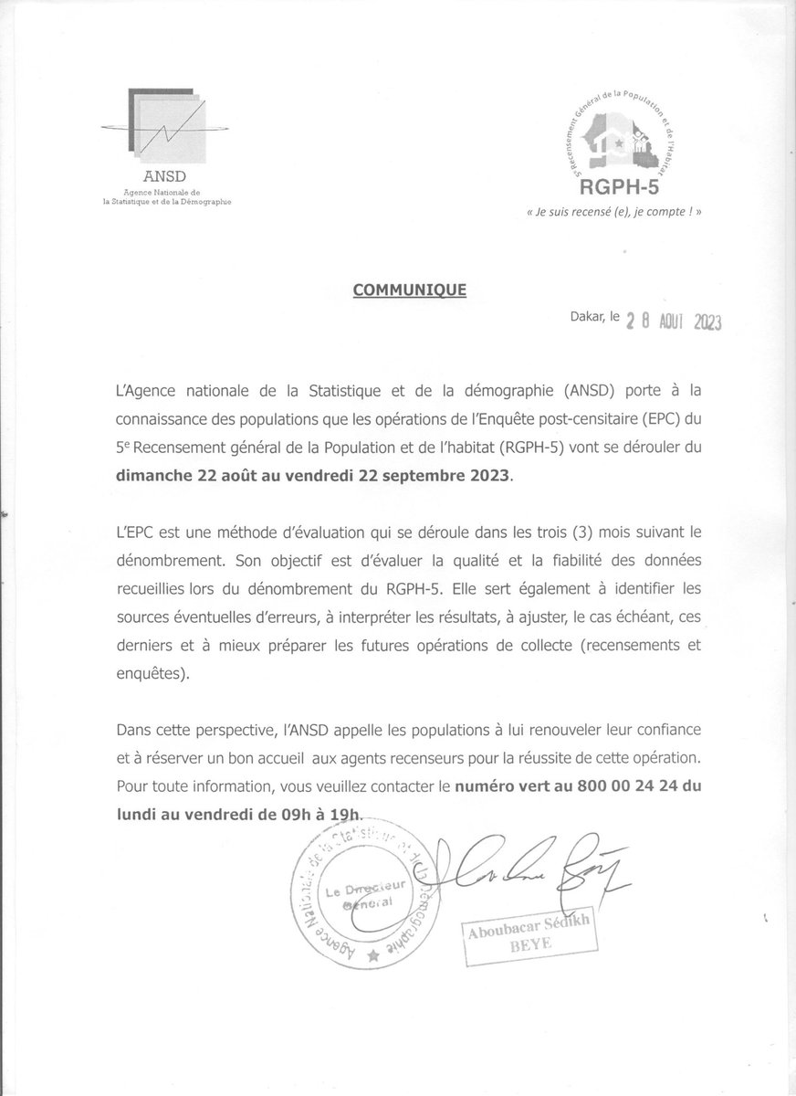 statsenegal's tweet image. #Communiqué 
Les opérations de l&apos;Enquête post-censitaire ont débuté depuis le 22 août 2023 et vont se dérouler sur 1 mois. Pour toutes infos,  vous pouvez appelez sur le numéro vert 800 00 24 24 tous les jours de 9h à 19h.
Plus de détails ici👇🏾
#kebetu #RGPH_SN2023 #Compublique