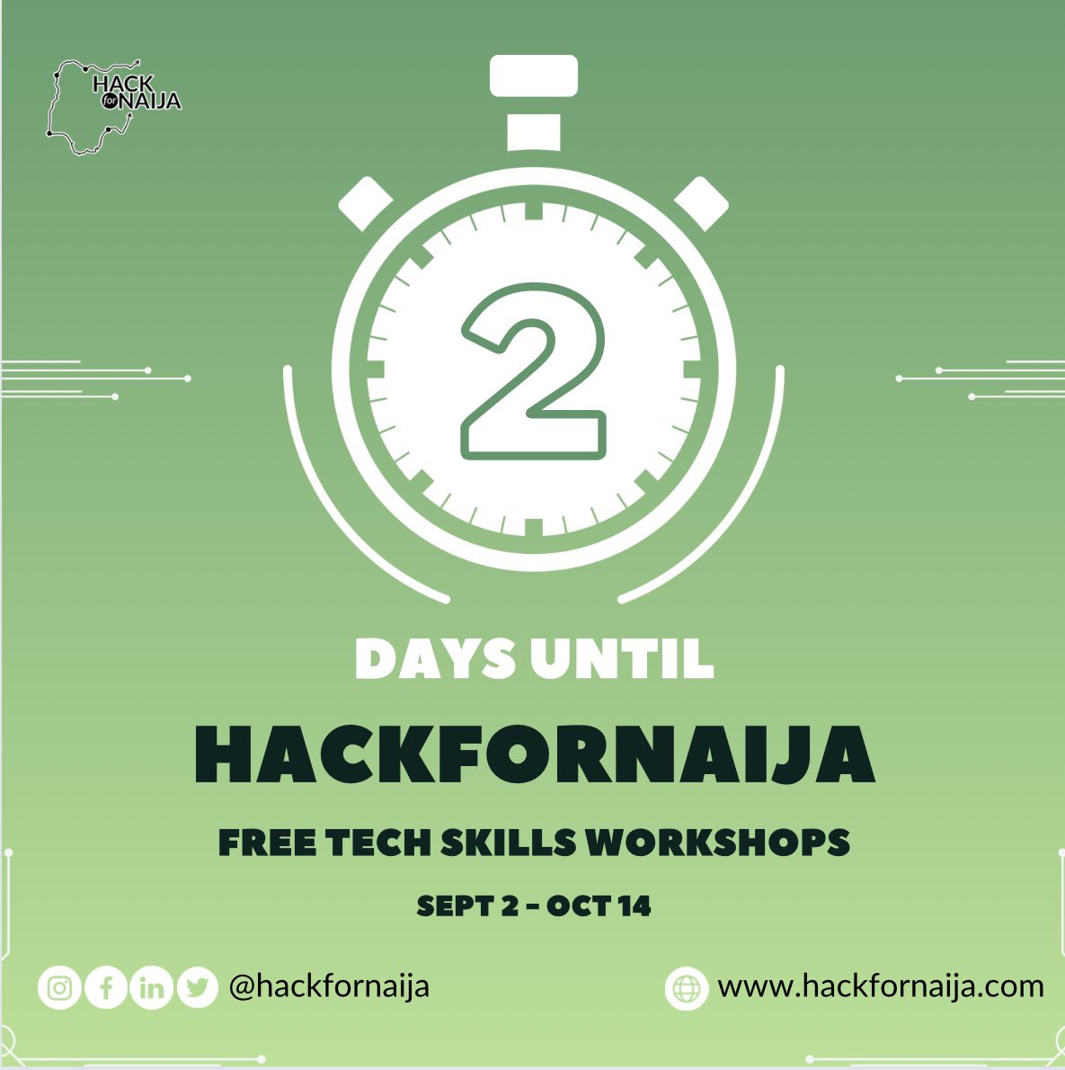 hackfornaija's tweet photo. *2 Days to go!*

HackforNaija Free Tech Skills Workshops - teaching everything from programming basics to design skills.  

Sept 2 - Oct 14

#hackfornaija
#Techskills
#Technology
#hack4naija
#techcareer https://t.co/ld4nZTL66E