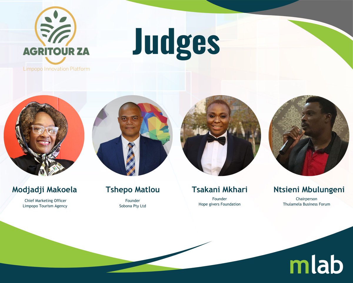 mlabsa's tweet photo. Meet the expert judges for AgriTourZA's Startup Demo Day in Limpopo tomorrow! Get set for an amazing lineup of innovative demos. 

🌱🚀 Join us to witness the future of Limpopo's agriculture and tourism. Secure your spot now: https://t.co/iAMRjXmgLG. 

#AgriTourZA #StartupDemoDay https://t.co/CQb0LKZwRY