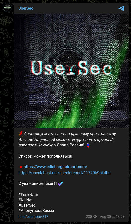 FalconFeedsio's tweet photo. UserSec hackers' group claims to have targeted the website of Edinburgh Airport🇬🇧
#UK
#usersec #cti #threatintel #cyberattack https://t.co/Fd7x4foDZ5