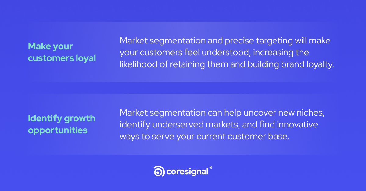 CoresignalHQ's tweet image. Utilizing #marketsegmentation fueled by public #webdata is key to staying competitive. 🔑

By dividing your #markets into segments, you break free from generic strategies and can tailor approaches to individual customer needs. And this isn&apos;t the only advantage of it. ⬇️