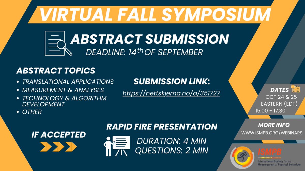 ISMPB (@ismpb_org) on Twitter photo Abstract submission is now OPEN 😀 for our fall symposium 24-25/26 October 2023 nettskjema.no/a/351727 and info ismpb.org/webinars/ Topics: Translational Applications, Measurement & Analyses, Technology & Algorithm Development, Other - Rapid Fire 🔥 Presentations if accepted Abstract submission is now OPEN 😀 for our fall symposium 24-25/26 October 2023 nettskjema.no/a/351727 and info ismpb.org/webinars/ Topics: Translational Applications, Measurement & Analyses, Technology & Algorithm Development, Other - Rapid Fire 🔥 Presentations if accepted