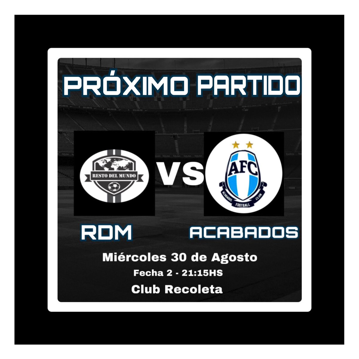 HOY JUEGA  RDM 🙌🏻🤘🏻
En busca del primer +3 contra el buen equipo de <a href="/FcAcabados/">Acabados FC</a> último campeón de la <a href="/ligadetuiteros/">+Liga Slots del Sol</a> Nos vemos 🤝😉 #Vamosportodo