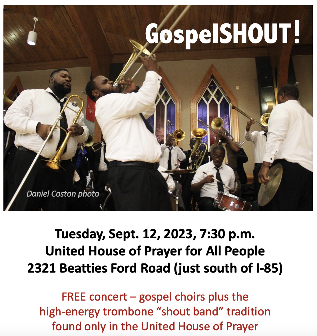 GospelSHOUT! is coming this September!  Trombone choirs have been a signature of the United House of Prayer since the 1940s.  Now you can experience it for yourself!  Don't miss this uplifting experience, presented by Charlotte Center City Partners.
