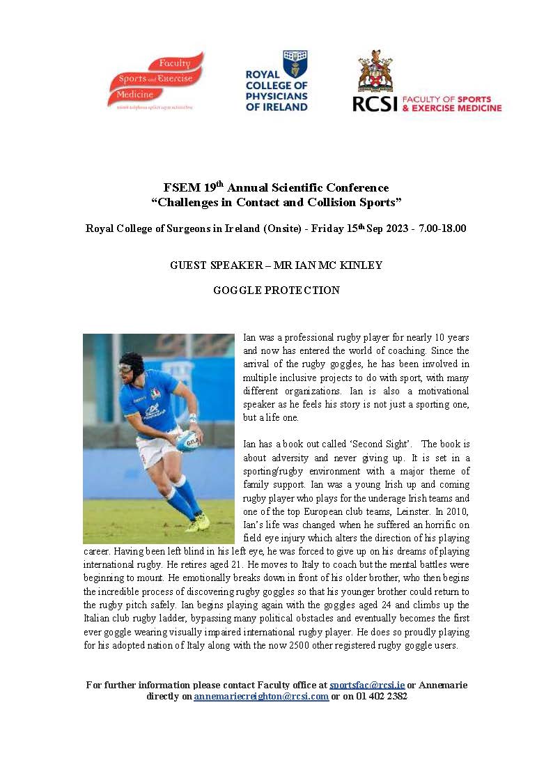 FSEM ASC 15th Sept - Don’t miss out on our guest speaker – Mr Ian McKinley, speaking about ‘Goggle Protection’.
See full bio below and details of Ian’s book ‘Second Sight’.
See link for conference details:  fsem.ie/upcoming-event…