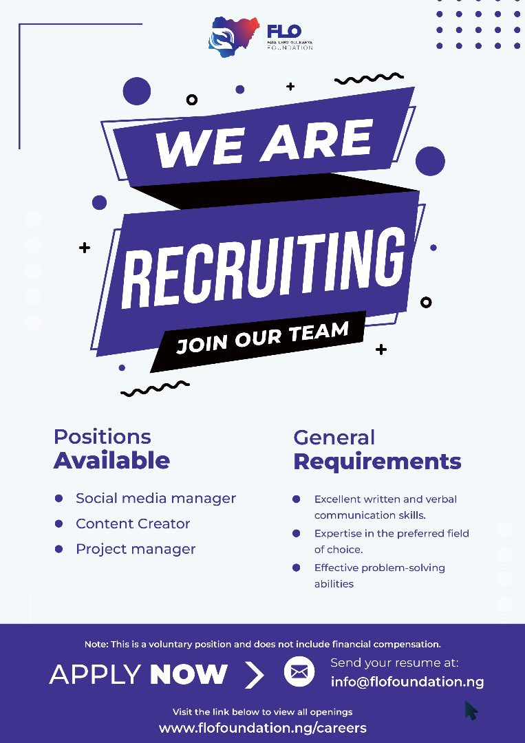 Join us in our mission to provide quality education to children who need it most. Your commitment could be the spark that lights up a child's path to success. 
Link:flofoundaion.ng/careers