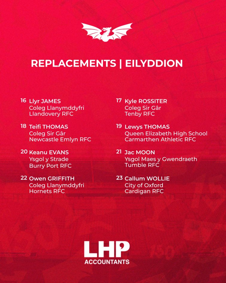Here's how our U18s team line up for tonight's fixture against <a href="/ospreys/">Ospreys</a> U18s at the Parc y Scarlets training field (KO 7.15pm)👇 

Dyma tîm D18 y Scarlets a fydd yn herio'r Gweilch heno ar gae ymarfer Parc y Scarlets!  

Pob lwc bois 🔴
@lhp_accountants