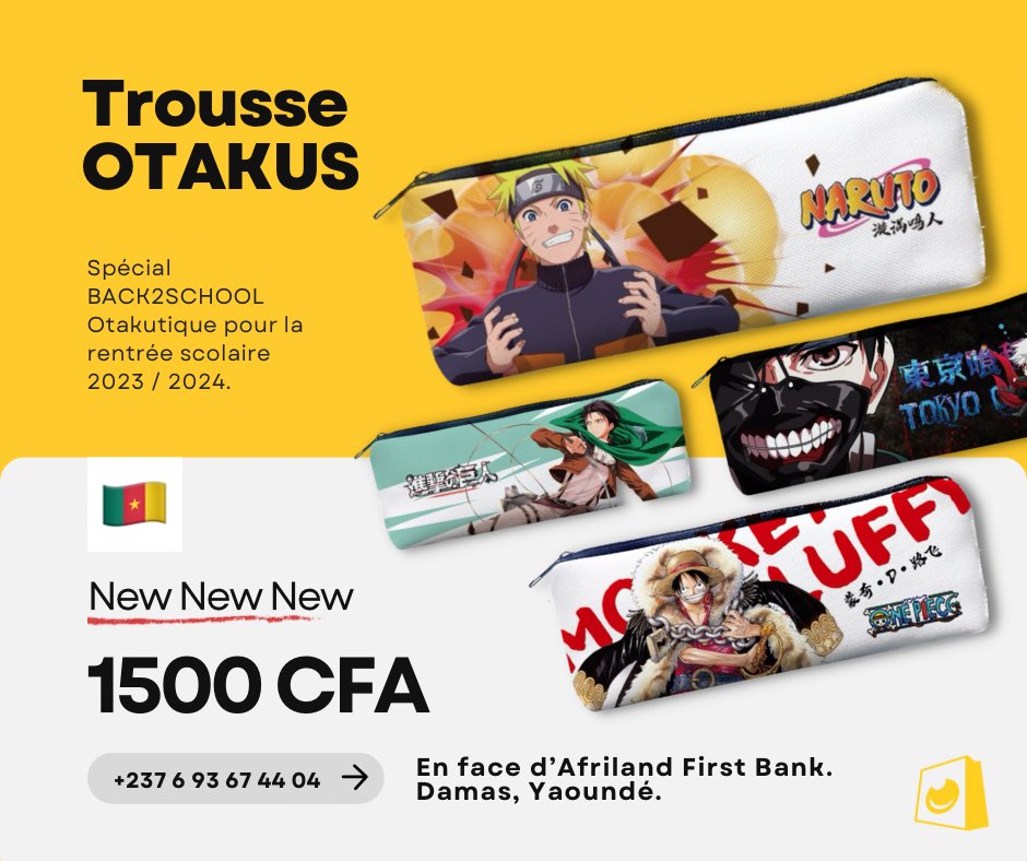 otakutique's tweet photo. Spécial Rentrée Scolaire OTAKUTIQUE. STOCK LIMITÉ 👀 | Prix, Contact &amp; Adresse sur l’image. Crayon Naruto, Stylos, Sacs à dos, Trousse, Règles Demon Slayer, Envelope KNY, Trousse. 
Expédition vers d’autres villes possibles! 
#Otakutique #Yaounde #Douala #Cameroon https://t.co/4qHrZWamqH