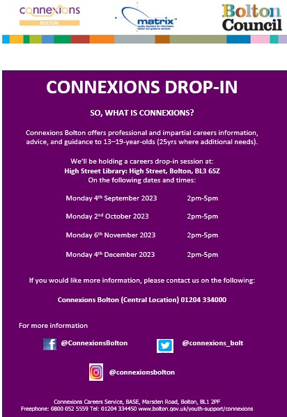 We will be holding monthly drop-in sessions within the community. A dedicated Careers Adviser will be at High Street Library on the first Monday of the month. Pop in for support, advice and guidance on your next steps.

#workingtogether <a href="/askboltonlibs/">Ask Bolton Libraries</a>  <a href="/boltoncouncil/">Bolton Council</a> <a href="/BoltonLMS/">Libs and Museums</a>