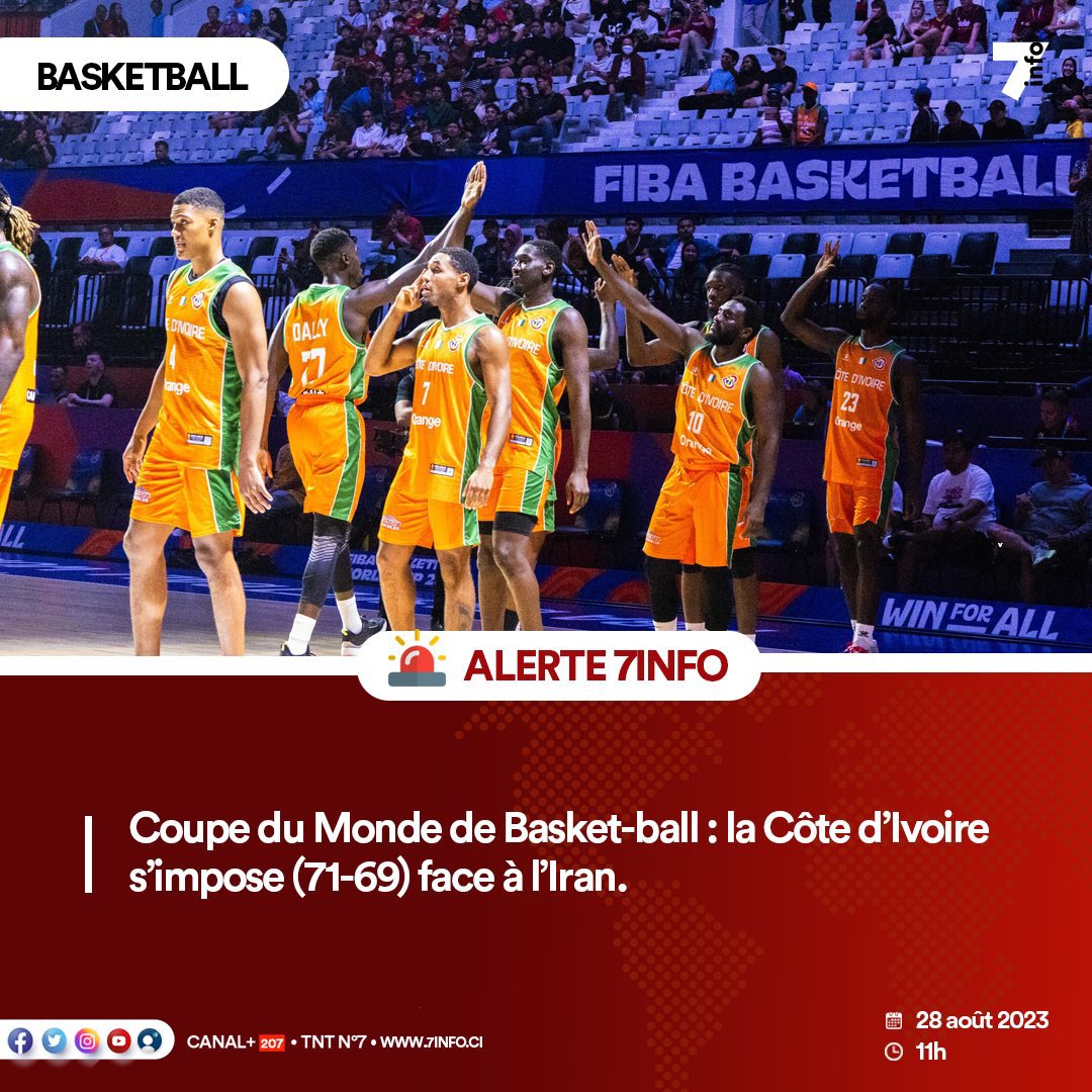 urgenceNew's tweet photo. 🔴 #Alerte7info 🇨🇮 🇮🇷 | Coupe du Monde de Basket-ball : la Côte d’Ivoire s’impose (71-69) face à l’Iran. https://t.co/1mnf8UPqIo