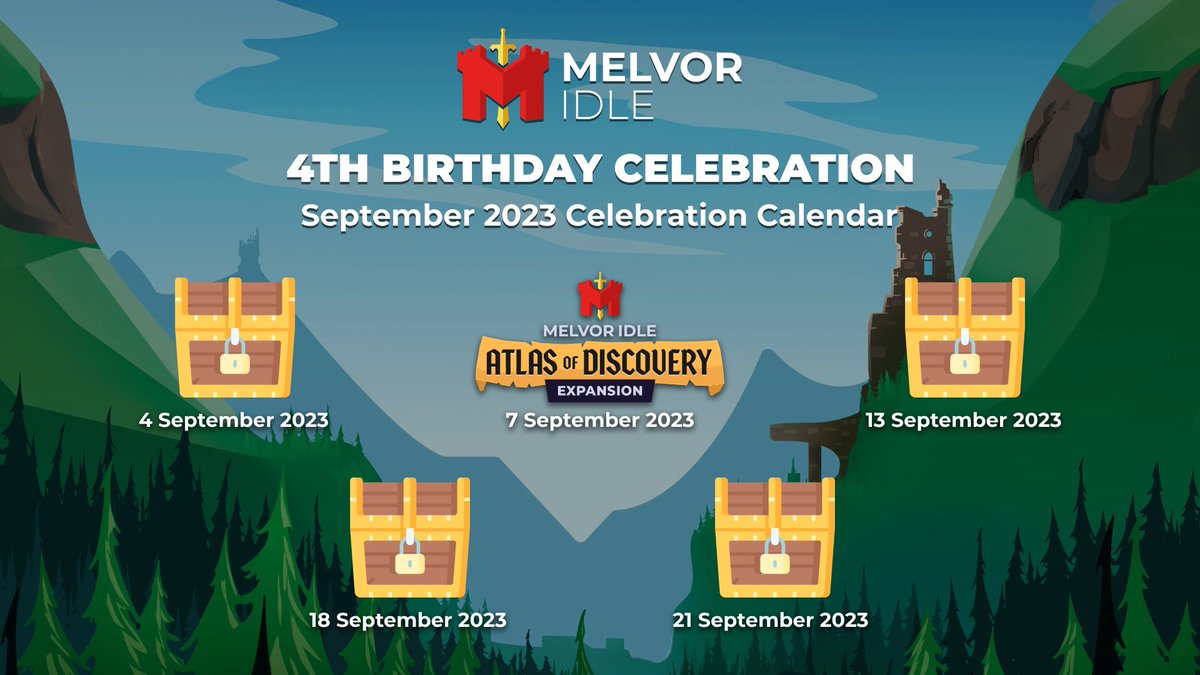 MelvorIdle's tweet photo. 🎉 Welcome to the Month of Melvor! 🎉

We’re celebrating 4 years of Melvor Idle with a month-long celebration.

Including the expansion, we’ve got 5 events planned for the community 🎁

The first one starts on Monday! 🫡 https://t.co/sntfUrdahI