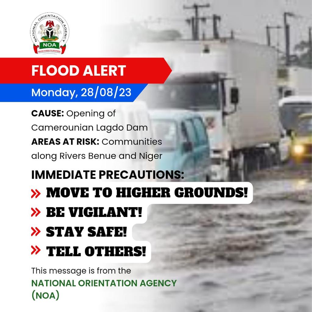 MistaSam_'s tweet photo. Be warn.. ⚠️ 

There will be possible flooding along River Benue &amp; River Niger due to Cameroon opening its Dam.
The @NOA_Nigeria is asking everyone Nigerians to take precautions.
#FloodNigeria
#TakePrecaution https://t.co/FqtuEPSi3M