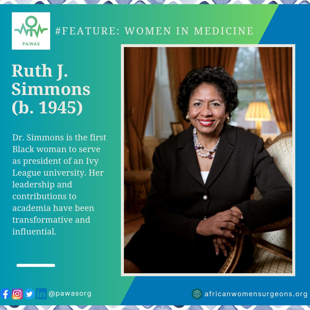 Happy Feature Wednesday PAWAS Community! 🩺🥼 Ruth J. Simmons is an accomplished academic leader and educator. Simmons is known for her significant contributions to higher education, diversity and social change. Read More: ⬇️ linkedin.com/posts/pawasorg… 🔗 linktr.ee/pawasorg