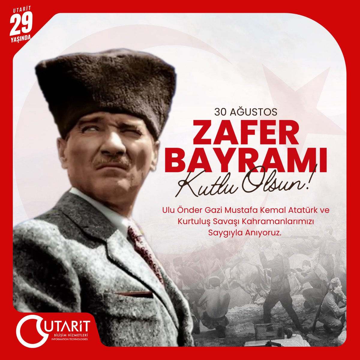 Bizlere Başkomutanlık Meydan Muharebesi zaferinin gurur ve mutluluğunu yaşatan başta Mustafa Kemal ATATÜRK olmak üzere şehitlerimizi saygıyla anıyoruz. 30 Ağustos Zafer Bayramımız kutlu olsun!

#30Ağustoszaferbayramı