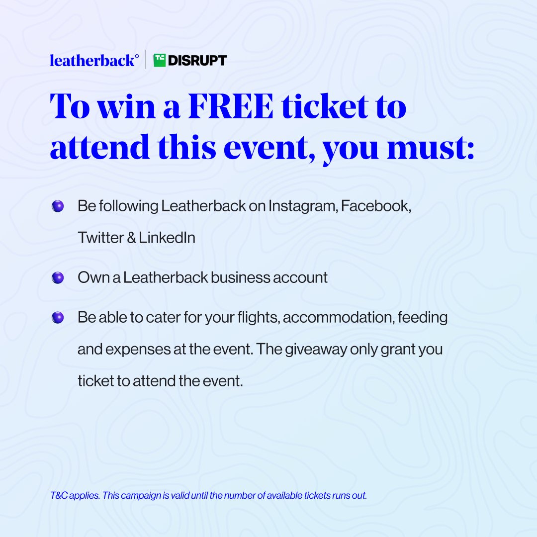 Leatherback_'s tweet photo. We've got 130 FREE tickets for startup founders, CEO and CTOs!

Techcrunch is organising a tech event at Moscone Center West, San Francisco, CA, 19th- 21st september, 2023. Send a screenshot of your Leatherback business account to info@leatherback.co. https://t.co/s1itpAflbF