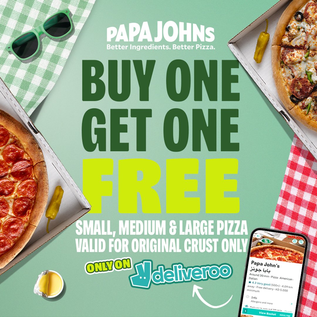 papajohnskwt's tweet photo. Now our famous offer is back!

Buy one pizza and get the second one for free. This time on all sizes of the traditional dough (Small, Medium &amp; large). The offer is available exclusively on the Deliveroo application or website. 

Order now! For a limited time only. https://t.co/t4VJueQ0gu