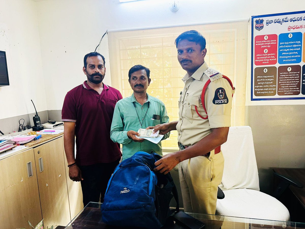 Good afternoon. Today received a complaint from Sri Karthik who lost his bag in auto. Immediately Addl. Inspector Sri Shaik Jakeer Hussian of PS Banjarahills along PC Neeraj kumar traced out the missing bag along with cash Rs 50,000/- with in 2 hours and handed over to complaint