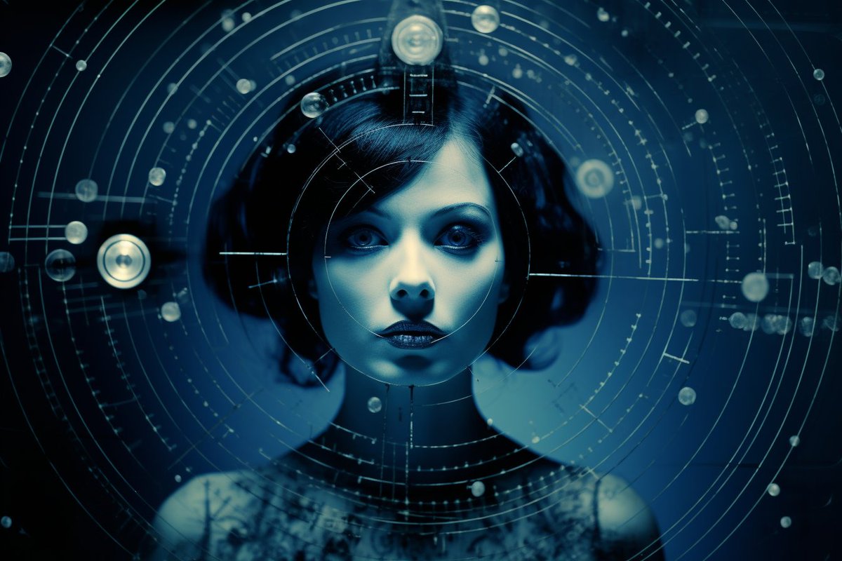CGouaze's tweet photo. #PromptIdea: "Cinematic silent film actress trapped in a digital realm, pixels becoming stars, screens turning into galaxies --v 5.2". The digital odyssey! #Midjourney #AI #ArtTech https://t.co/z5CGjLH9eI