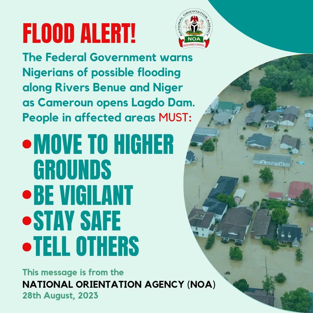 frankedyozie's tweet photo. Flood alert! Federal Government of Nigeria warns of possible flooding along River Benue &amp; Niger due to Cameroon opening dam. Take precautions and be safe. 

#FloodNigeria #TakePrecaution https://t.co/n75fhoav1K
