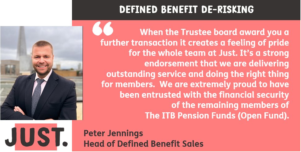 WeareJust_DB's tweet photo. We are pleased to have completed a £290m buy-in with the ITB Pension Funds (Open Fund), the 5th and final buy-in completed by the Fund which has secured all members’ benefits. Thanks to @LCP_Actuaries and the Trustee at The ITB Pension Funds (Open Fund) for their collaboration. https://t.co/oxoPGj08YB