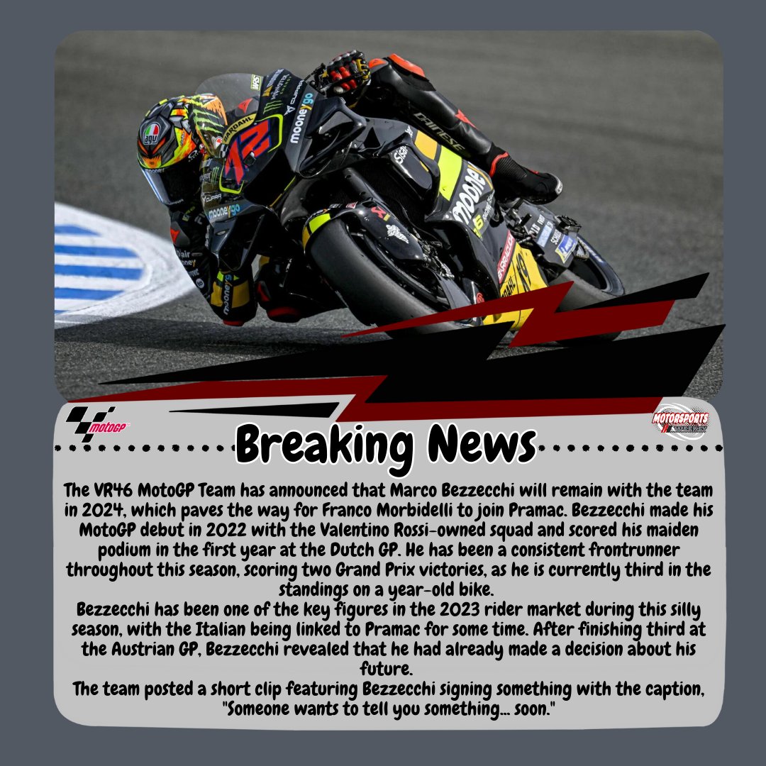 The VR46 MotoGP Team has announced that Marco Bezzecchi will remain with the team in 2024, which paves the way for Franco Morbidelli to join Pramac. #MooneyVR46RacingTeam #MotoGP #MB72 #VR46 #CatalanGP