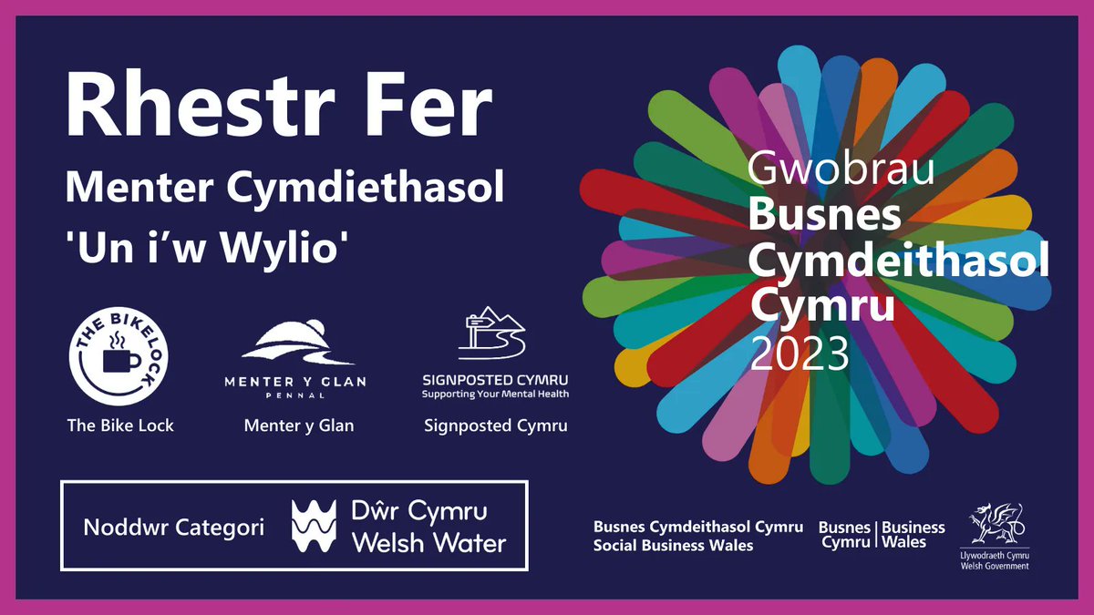 Mae’r categori Un i’w Wylio yn dathlu mentrau cymdeithasol sydd wedi bod yn masnachu am llai na 2 flynedd, llongyfarchiadau i’n rhestr fer <a href="/menter_y_glan/">Menter y Glan</a>, <a href="/SignpostedC/">Signposted Cymru</a>, a <a href="/thebikelock/">the bike lock Cardiff</a>. Noddir y wobr hon gan ein prif noddwyr <a href="/DwrCymru/">Welsh Water</a>
buff.ly/3PiFJFJ