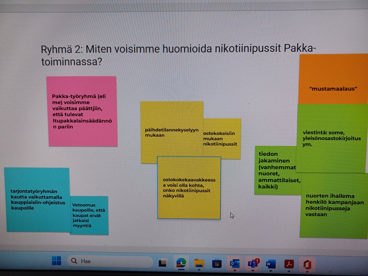 Valtakunnallisessa #Pakka päivässä mietimme, miten  #nikotiinipussit huomioidaan jatkossa ehkäisevän päihdetyön toiminnassamme. Kuvassa meidän ryhmän ajatuksia.
#ehkäisevätyö #lahessatöissä