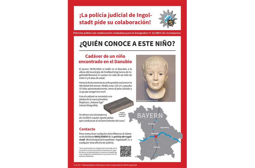 sosdesaparecido's tweet photo. Interpol trata de identificar el cadáver de un niño hundido con una losa de piedra en el Danubio
5 o 6 años 
Pelo castaño y grupo sanguíneo O
Fue encontrado en mayo de 2022 en el fondo del río cerca de la localidad de Grossmehring, en Baviera, Alemania