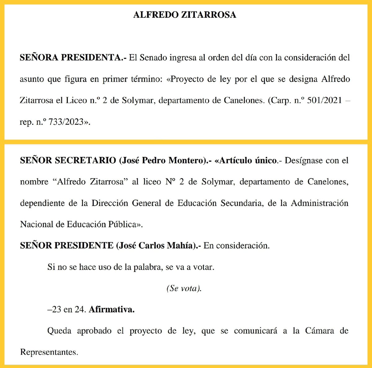 El Senado aprobó designar "Alfredo Zitarrosa" al Liceo N°2 de Solymar, Canelones, Uruguay.

Exposición verbal:

bit.ly/SenadoDesignaL…