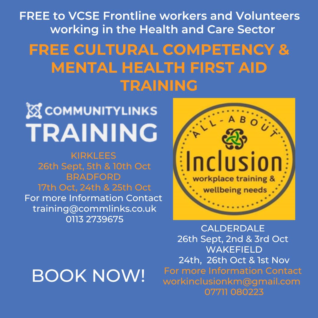 BOOK NOW! ⤵️
If you're a VCSE Frontline Worker or Volunteer in the Health and Care Sector, we're offering FREE Cultural Competency and MHFAider Training. 
Community Links Training and All About Inclusion are available at various locations and dates!