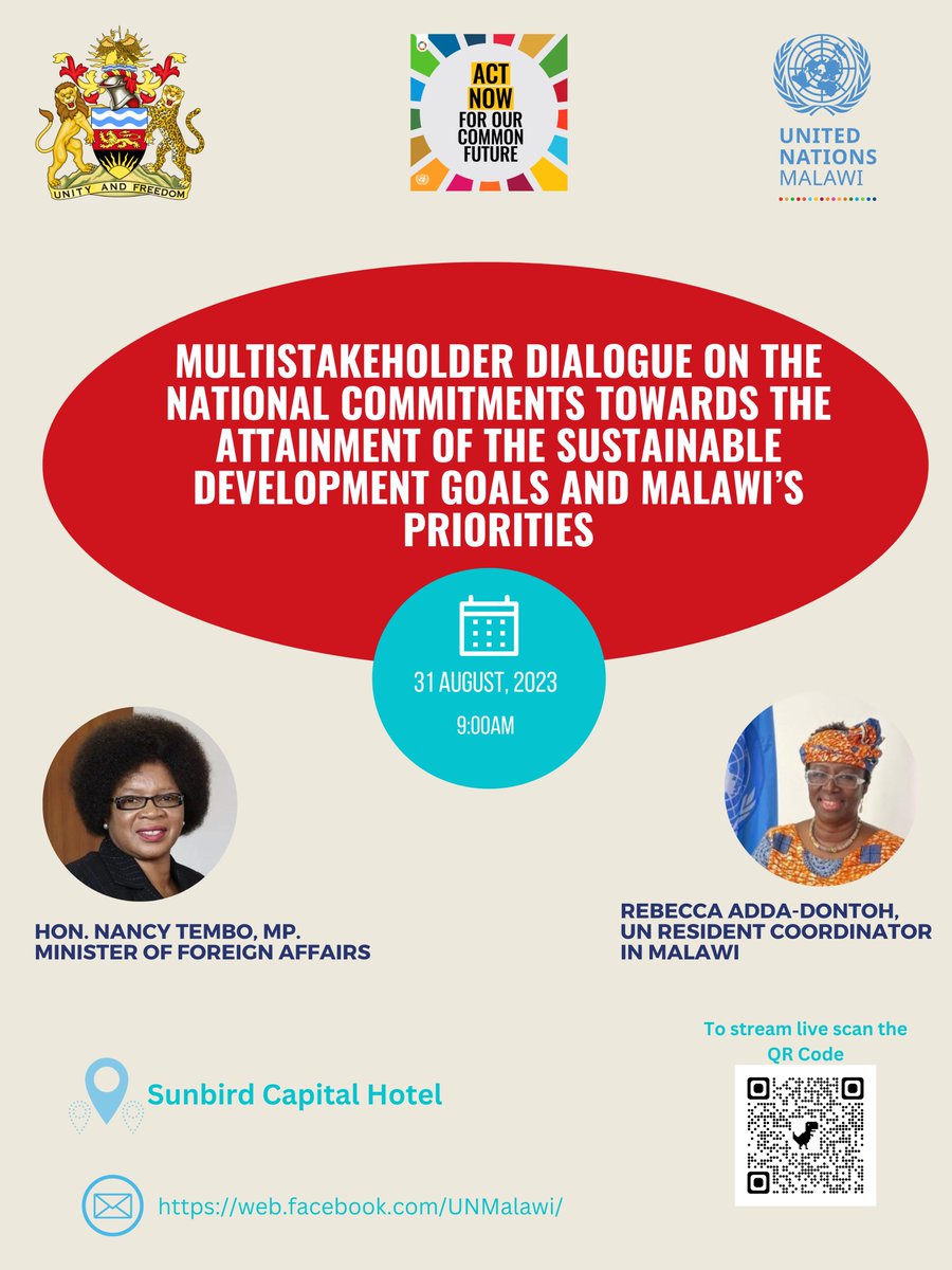 UNMalawi's tweet image. Join us online tomorrow for a Multi-stakeholder Dialogue on National Commitments towards the Sustainable Development Goals and Malawi&apos;s Priorities. Together, let&apos;s drive progress and shape a sustainable future.  

#SDGs #MalawiPriorities #DevelopmentDialogue