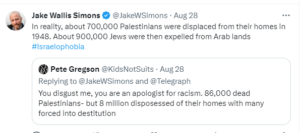 umyaznemo's tweet photo. Jake is actually justifying illegally occupying Palestine, uprooting & dispossessing millions of Palestinians, stealing their homes, illegally detaining them, killing them, traumatizing their kids for over 75 years because, according to him, some Jews at some point where expelled from Arab lands? Really, Jake? What Arab lands expelled about 900000 & when?