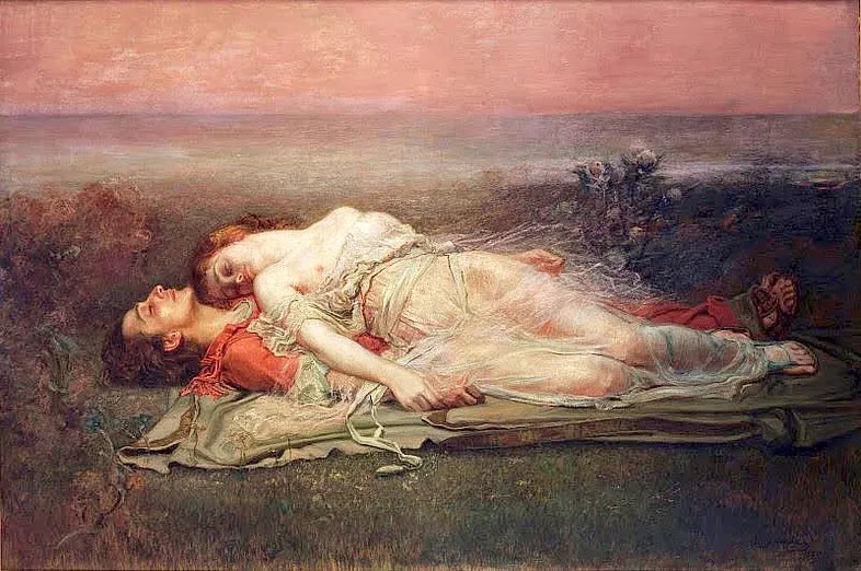 “Isolde rushes in, and he falls, dying, in her arms…
…and with a vision of Tristan beckoning her to the world beyond, she sinks dying upon his body.”

Tristán e Isolda

Rogelio de Egusquiza (1910)

#Legend #CelticLegend #MedievalRomance #Folklore #ofdarkandmacabre #Romanticism