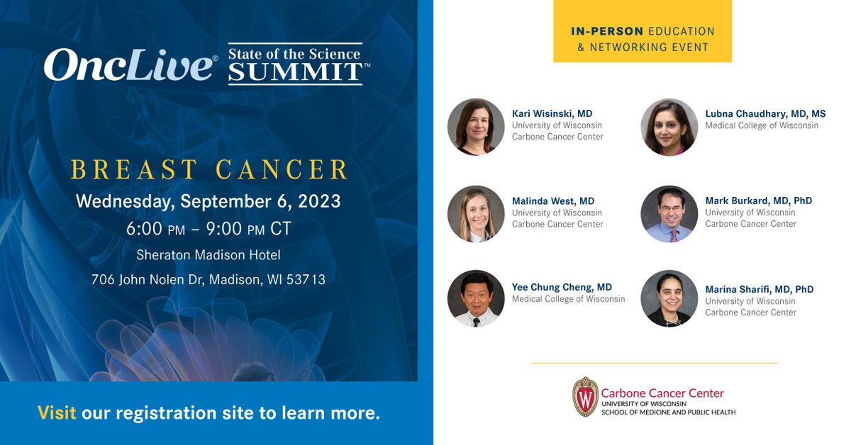 OncLive.com (@onclive) on Twitter photo Participate: OncLive SOSS Breast Cancer in-person education/networking event with <a href="/KariWisinski_MD/">Kari Wisinski</a> of <a href="/UWCarbone/">UW Health | Carbone Cancer Center</a>. Expert faculty <a href="/malindatwestmd/">Malinda T West</a> Yee Chung Cheng, MD, <a href="/LubnaChaudhary1/">Lubna Chaudhary MD, MS</a> <a href="/meburkard/">Mark Burkard</a> <a href="/marina_sharifi/">Marina Sharifi</a> #SOSS
Register Today: ow.ly/g6WI50Pr5vn Participate: OncLive SOSS Breast Cancer in-person education/networking event with <a href="/KariWisinski_MD/">Kari Wisinski</a> of <a href="/UWCarbone/">UW Health | Carbone Cancer Center</a>. Expert faculty <a href="/malindatwestmd/">Malinda T West</a> Yee Chung Cheng, MD, <a href="/LubnaChaudhary1/">Lubna Chaudhary MD, MS</a> <a href="/meburkard/">Mark Burkard</a> <a href="/marina_sharifi/">Marina Sharifi</a> #SOSS
Register Today: ow.ly/g6WI50Pr5vn