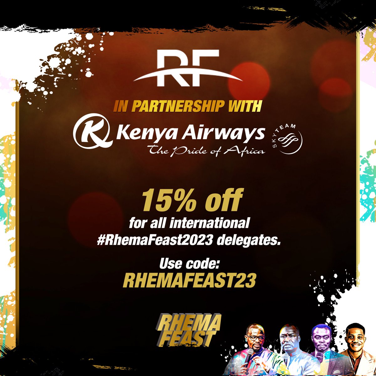 JulianKyula's tweet photo. We are proud to announce that if you are a  #RhemaFeast2023 international delegate, you will enjoy a 15% discount on your flight ticket price, courtesy of @KenyaAirways.
To activate the discount, use the code: RHEMAFEAST23.
#JesusTheMessiah https://t.co/cWSjYhKhw9
