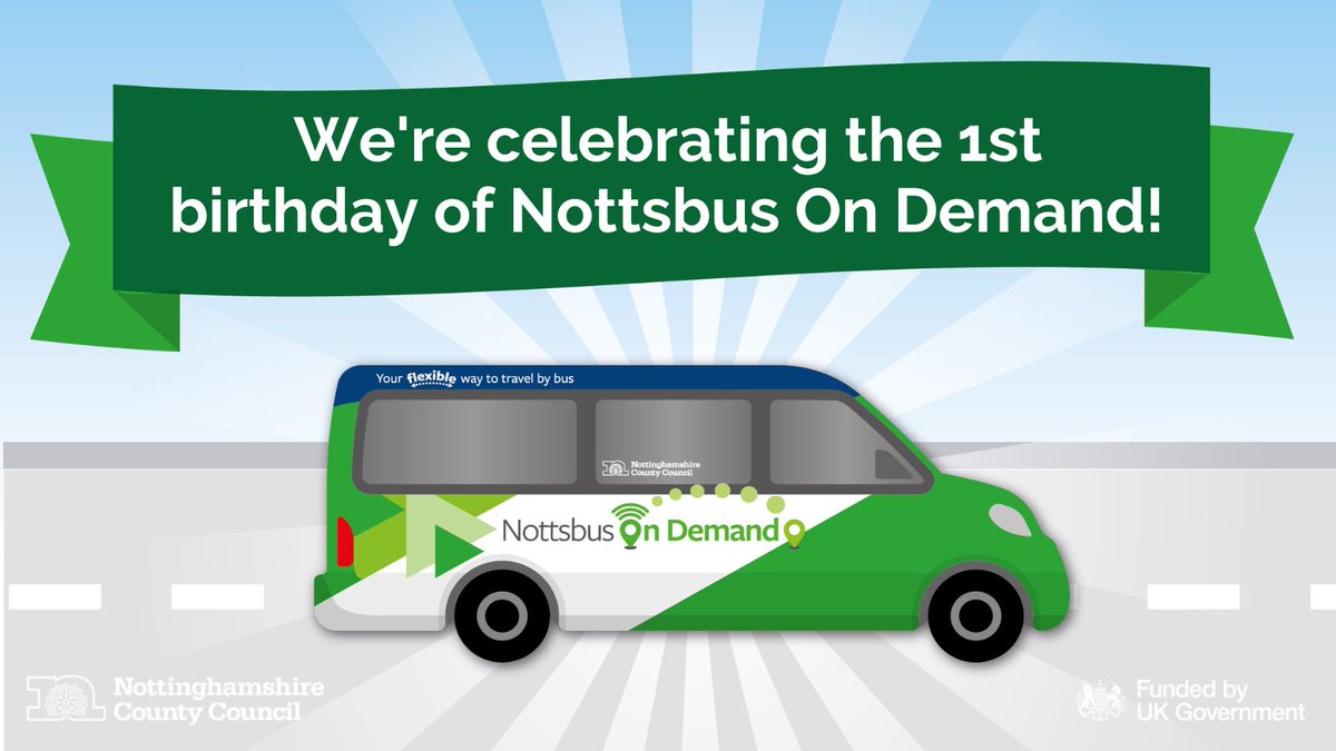 🚌🎉🎈 Happy first birthday to our Nottsbus On Demand bus service!

To celebrate, we're offering passengers a FREE ride if you book before 30 September. Simply use the code 'BIRTHDAY' when making your next booking on the Nottsbus On Demand app or over the phone.