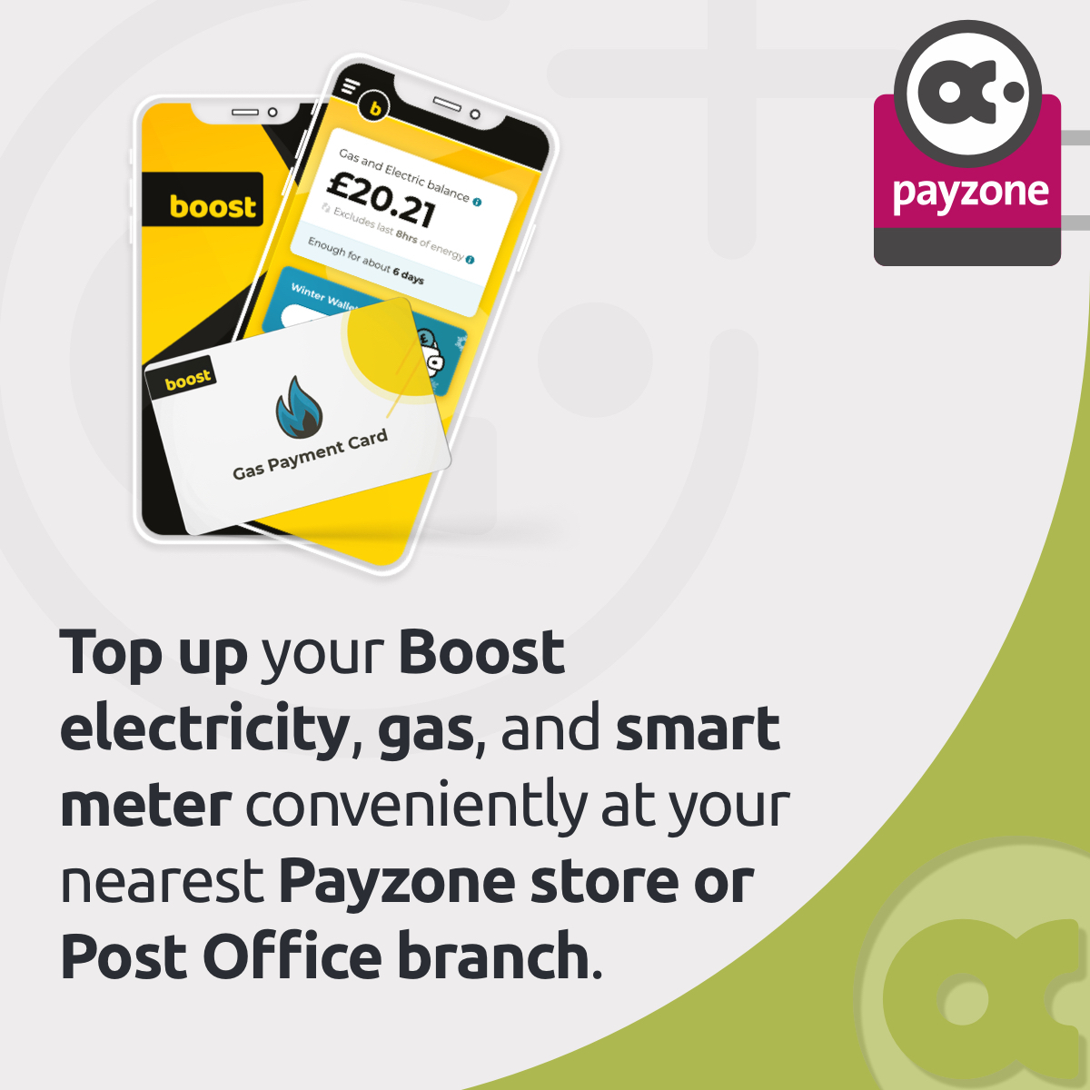 Top up your @boostpoweruk electricity, gas, and smart meter at your nearest Payzone store or @PostOffice branch. Bring your gas card or electricity key to the nearby store and complete your top-up transaction at the counter. Find your nearest store: ow.ly/gVQA50PFlZL